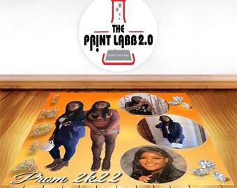 May include: A custom-designed orange and white floor mat with a photo collage of four young women. The mat features the text "Prom 2k22" and a diamond design. The logo "The Print Labb 2.0" is visible in the background.