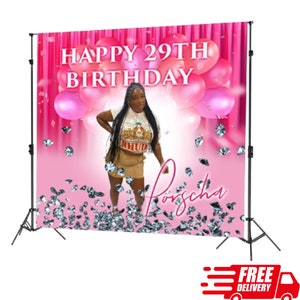May include: Pink and white birthday backdrop with the text "Happy 29th Birthday" and a photo of a person. The backdrop is decorated with silver glitter confetti and pink balloons.