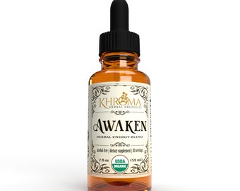 Awaken - Organic Energy Supplement - 2 oz Liquid in a Glass Bottle - Yerba Mate, Eleuthro Root, Red Ginseng, Guayusa - by Khroma Herbs