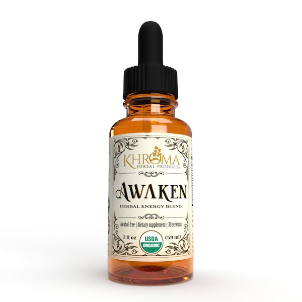 Awaken - Organic Energy Supplement - 2 oz Liquid in a Glass Bottle - Yerba Mate, Eleuthro Root, Red Ginseng, Guayusa - by Khroma Herbs