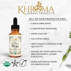 Organic St. John&#39;s Wort Supplement-  30 servings - 2 oz Glass Bottle - by Khroma Herbal Products