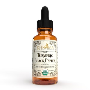 May include: A 2-fluid ounce amber glass bottle with a dropper top. The label is white with black text and a gold border. The label reads "KHROMA HERBAL PRODUCTS TURMERIC BLACK PEPPER alcohol free | dietary supplement | 30 servings 2 fl oz USDA ORGANIC (59 ml)"