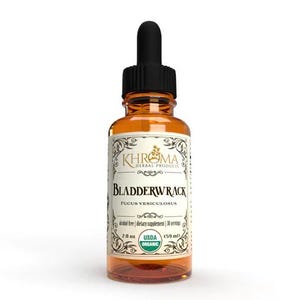 Può includere: Flacone di vetro ambrato di integratore a base di erbe di Bladderwrack con contagocce nero. L'etichetta include il testo "KHROMA HERBAL PRODUCTS" e "BLADDERWRACK FUCUS VESICULOSUS". Il flacone contiene 59 ml di liquido ed è certificato USDA Organic.