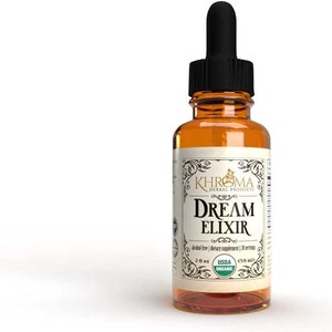 May include: A brown glass bottle with a dropper top and a white label that reads "KHROMA HERBAL PRODUCTS DREAM ELIXIR alcohol-free | dietary supplement | 30 servings 2 fl oz USDA ORGANIC (59 ml)"