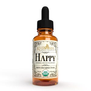 HAPPY - Organic Mood Enhancer - Supplement - 30 Servings - 2 oz Glass Bottle - by Khroma Herbal Products