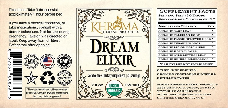 Dream Elixir - Organic Dream Enhancer - 30 Servings - 2 Fl Oz Liquid Dietary Supplement - by Khroma Herbal Products - Lucid Dreaming image 5