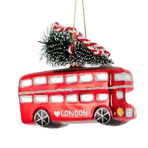 Red London Bus with Christmas Tree on Roof Glass Christmas Decoration - Festive England Traditional Nostalgic Iconic Royal Family Big Ben