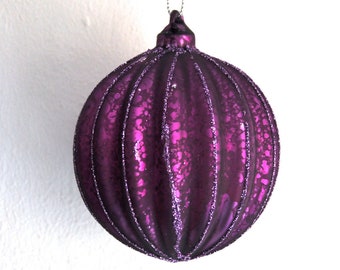 Antique Style Purple Glittery Glass Ridged Bauble Hanging Decorations - Christmas Tree Ornament Valentine's Day Wedding Decor Gift Glitz