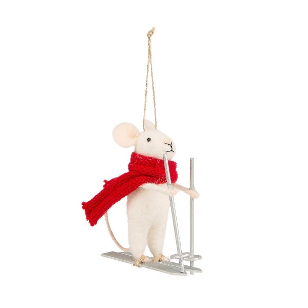 Skiing Felt Mouse Wearing Red Scarf - Hanging Christmas Tree Decoration Winter Festive Animal Fun Quirky White Cute Woodland Sports Gift