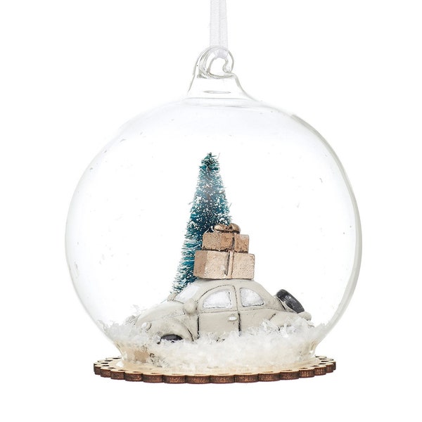 Magical Car & Christmas Tree in Snow Dome Glass Christmas Tree Hanging Bauble - Winter Wonderland Festive England Traditional Quaint Gift