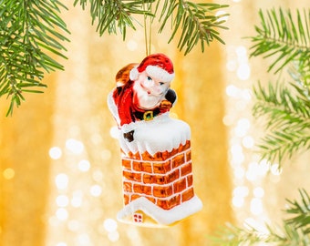 Santa Going Down The Chimney Glass Christmas Tree Hanging Bauble - Winter Festive Fun Red White Santa Claus Father Xmas Presents Gift