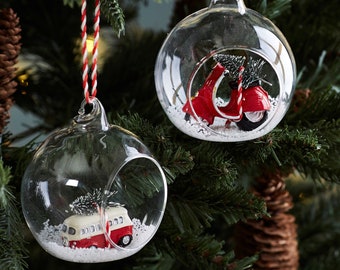 Red White Camper Van or Scooter with Christmas Tree Open Clear Glass Bauble - Winter Wonderland Festive Fun Transport Retro Gift