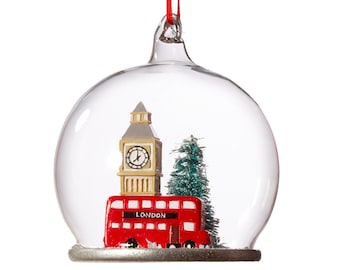 Magical London City Snow Dome Glass Christmas Tree Hanging Bauble - Winter Wonderland Festive England Traditional Quaint Iconic Nostalgic