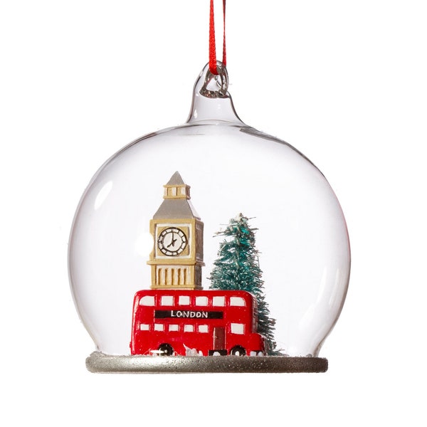 Magical London City Snow Dome Glass Christmas Tree Hanging Bauble - Winter Wonderland Festive England Traditional Quaint Iconic Nostalgic