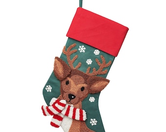 Calza di Natale ricamata con renna festiva - Animale invernale Rudolph Divertimento per bambini Regali per bambini Fiocchi di neve verdi e rossi Regalo della vigilia Babbo Natale
