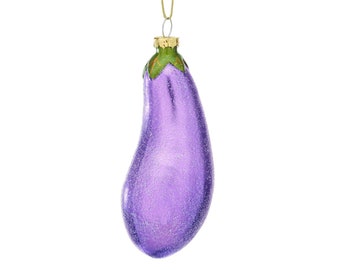 Mini Aubergine Eggplant Glass Christmas Tree Hanging Decoration - Festive Winter Food Foodie Chef Purple Sparkle Glitter Gift