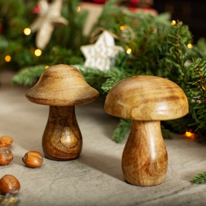 Natural Wood Mushroom Toadstool Christmas Ornaments LARGE - Winter Festive Rustic Nordic Hygge Natural Woodland Cosy Mango wood