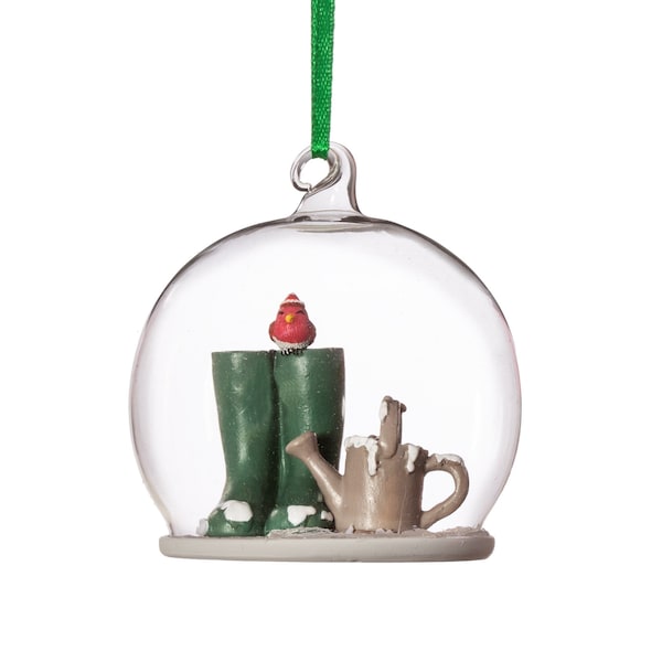 Winter Gardener Scene Glass Dome Christmas Tree Hanging Bauble - Festive Nature Robin Watering Can Wellies Snow Garden Outdoors Plant Gift