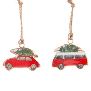 Red White Campervan and Car with Christmas Tree on Roof Hanging Decorations (Large or Small) - Festive Fun Travel Surfer Beach Driving