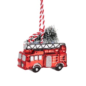 Fire Engine with Christmas Tree Glass Hanging Bauble - Winter Wonderland Festive Season Fun Red White Green Firefighter Transport Gift