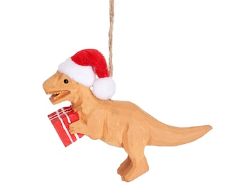 T Rex in legno che indossa un cappello da Babbo Natale con regalo Decorazione per albero di Natale - Meraviglie invernali festose Natura Animali Regalo tradizionale festoso