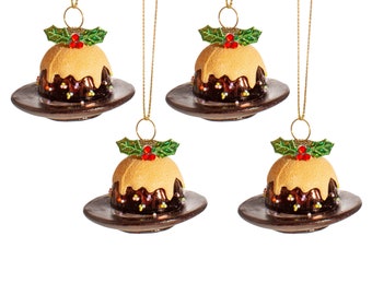 Christmas Pudding with Holly Sprig Mini Christmas Tree Decorations (Set of 4) - Festive Winter Baking Cooking Cake Traditional Foodie Dinner