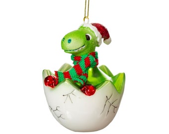 Hatching Baby Dinosaur with Hat & Scarf Christmas Tree Decoration - Festive Winter Jurassic Park Prehistoric Cute Quirky Green Fun Gift