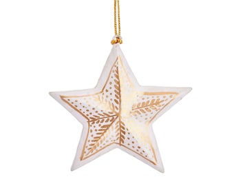 White & Gold Star Wooden Christmas Tree Decoration - Winter Festive Bauble Nordic Rustic Eco Minimal Natural Xmas Ornament Decor Home