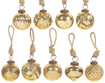 Mini bolas de Navidad de vidrio craquelado dorado (juego de 9) - Decoración festiva de invierno, elegante y de buen gusto, regalo clásico y brillante de Papá Noel.