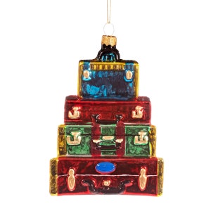 Retro Luggage Stack Glass Christmas Tree Hanging Bauble Winter Festive Nostalgic Home Vintage Retro Journey Traveller Adventure Unique image 1