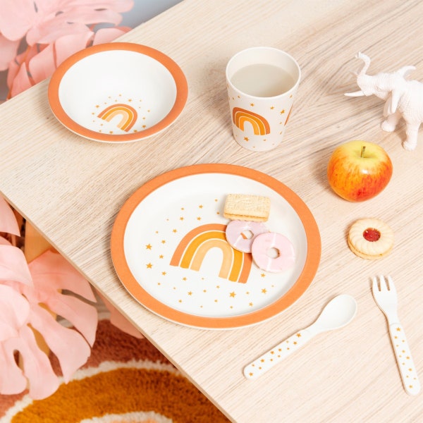 Earth Rainbow Bamboo Tableware Set - Pink Orange Rainbow Stars - Children's Kid's Plate Bowl Cutlery Eco Sustainable 1st Birthday Gift