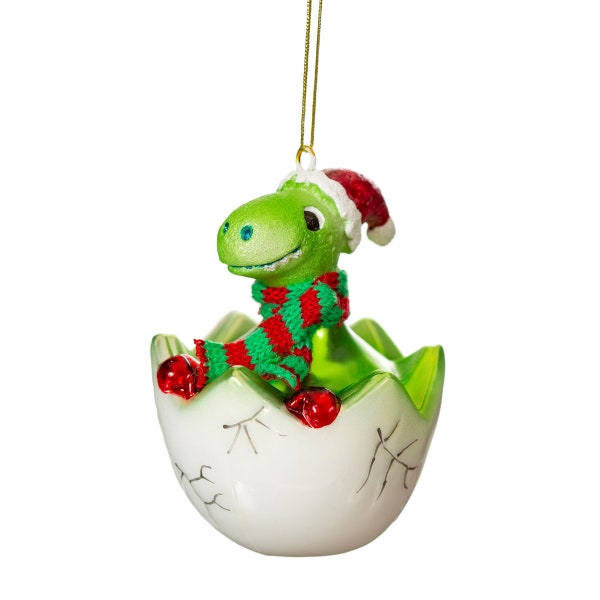 Hatching Baby Dinosaur with Hat & Scarf Christmas Tree Decoration - Festive Winter Jurassic Park Prehistoric Cute Quirky Green Fun Gift