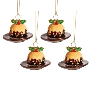 Świąteczny pudding z gałązką ostrokrzewu Miniaturowe ozdoby choinkowe (zestaw 4 sztuk) - świąteczne zimowe pieczenie gotowanie ciasto tradycyjne kolacje dla smakoszy