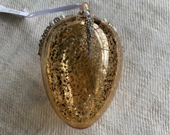 Antique Style Gold Shiny Glass Christmas Tree Decoration with Beads - Egg Shape - Festive Winter Glitz Glamour Gift Classy Regal Opulent