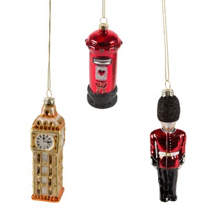 Set of 3 Iconic London City Christmas Tree Decorations - Big Ben Red Post Box Queen&#39;s Guard Festive England Traditional Quaint Nostalgic