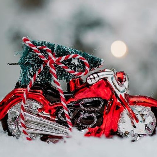 Coming Home For Christmas Red Motor Bike & Tree Glass Bauble Decoration 