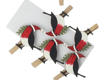 Set di 6 pioli in legno a forma di pettirosso - Pettirosso con cappello festivo - Uccello Twitcher festivo invernale, regalo naturale
