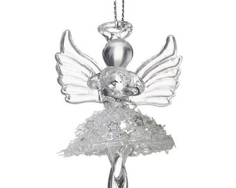 May include: A clear glass angel ornament with a sparkly white dress and wings. The angel is hanging from a silver string.
