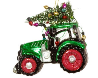 Green Tractor with Festive Lights Carrying Christmas Tree Hanging Bauble - Winter Wonderland Farmer Agriculture Countryside Mechanic Gift