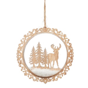 Rustic Wooden Stag in Forest Flat Hanging Christmas Decoration - Tree Winter Wonderland Nature Animals Deer Festive Gift Family Friend