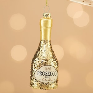 Gold Glitter Prosecco Bottle Party Sparkly Christmas Tree Decoration - Winter Festive Fun Wedding Hen Girls Classy Glitz Glam Booze Gift
