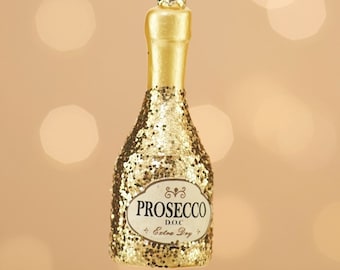 Gold Glitter Prosecco Bottle Party Sparkly Christmas Tree Decoration - Winter Festive Fun Wedding Hen Girls Classy Glitz Glam Booze Gift