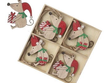 Set of 8 Wooden Festive Mice Christmas Tree Decorations - Santa Hats Presents Red Green Brown Cute Mouse Animal Lover Family Friends Gift