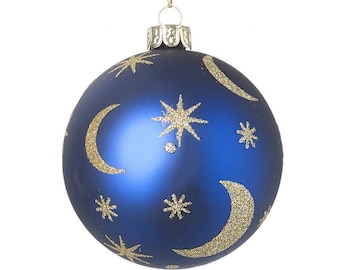 Adorno navideño de cristal con luna y estrellas azules y doradas para árbol de Navidad: cielo nocturno invernal festivo, astronautas espaciales, planetas, sistema solar, extraterrestres, regalo familiar.