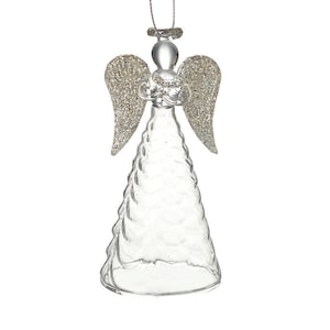 Clear Glass Angel with Silver Glitter Wings & Halo Christmas Tree Topper Hanging Decoration - Winter Wonderland Holiday Festive Gift