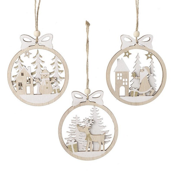 Rustic Wooden White Hanging Christmas Decorations (Set of 3) - Tree Winter Wonderland Nature Animals Deer Festive Traditional Nordic Gift