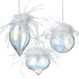 Set of 3 Clear Glass with White Feathers Glass Christmas Tree Baubles - Festive Winter Wonderland Decoration Ornament Classy Gift Family