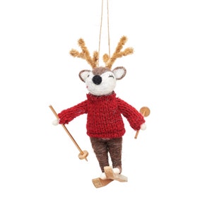 Felt Reindeer on Skis wearing Red Knitted Jumper Hanging Christmas Decoration - Winter Festive Animal Fun Quirky Secret Santa Kid's Gift