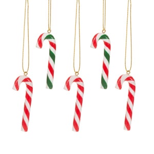 May include: Five red and green candy cane ornaments with gold string hanging from them.