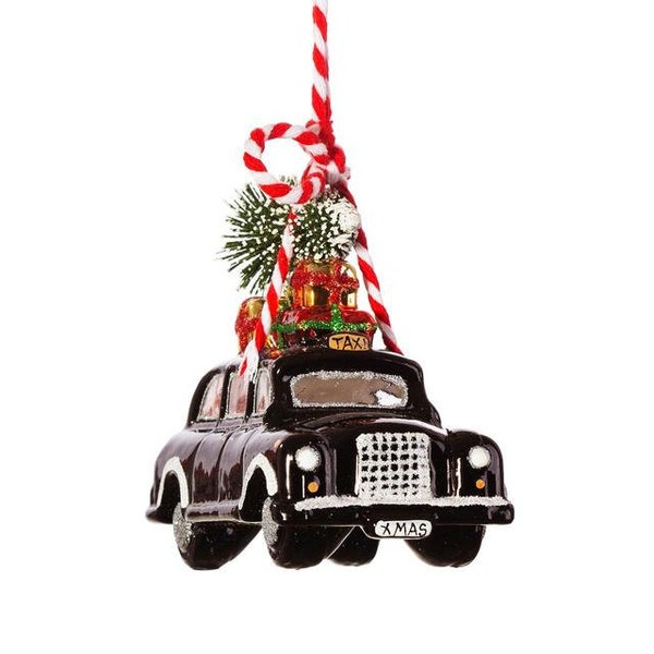 London Black Cab with Christmas Tree on Roof Hanging Bauble - Winter Wonderland Festive England Traditional Quaint Iconic Transport Gift